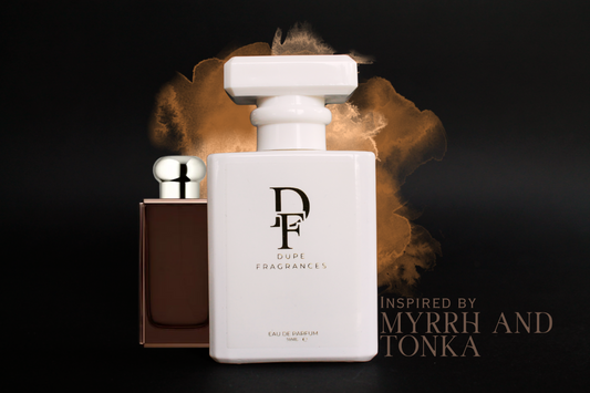 Smoke &amp; Suede (inspired by Myrrh &amp; Tonka by Jo Malone)Two perfume bottles with 'Dupe Fragrances' branding on a dark background