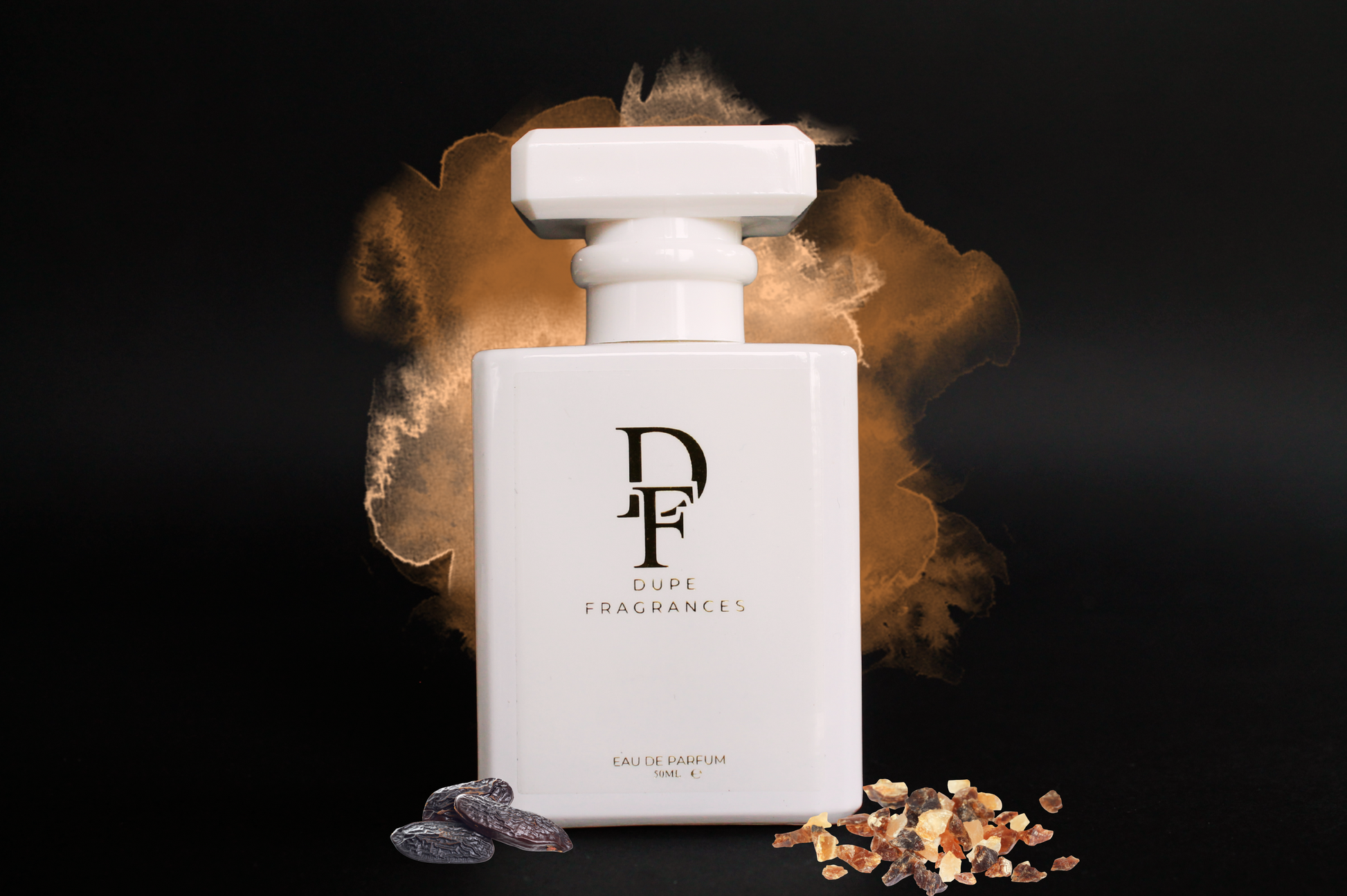Smoke &amp; Suede (inspired by Myrrh &amp; Tonka by Jo Malone)Two perfume bottles with 'Dupe Fragrances' branding on a dark background
