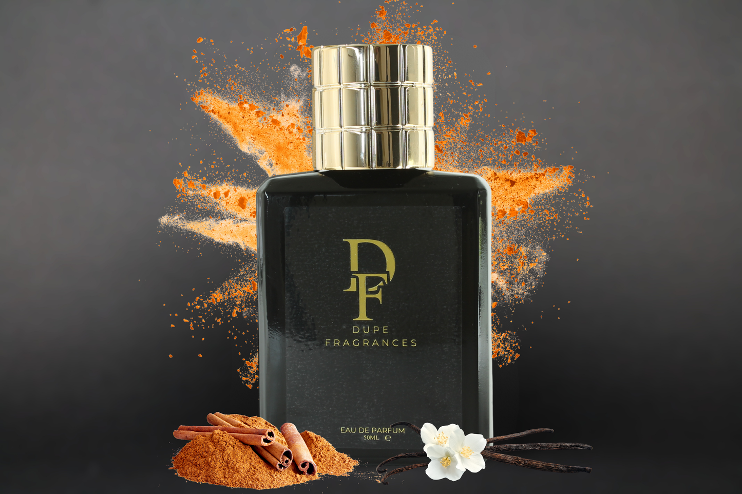 Smokebomb (inspired by Spicebomb by Viktor & Rolf) Perfume bottle with gold cap and black label on a dark background with orange accents dupe fragrances branding