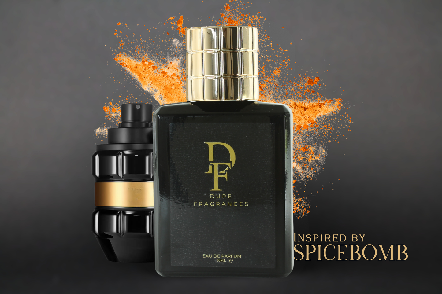 Smokebomb (inspired by Spicebomb by Viktor & Rolf) Perfume bottle with gold cap and black body, labeled 'dupe Fragrances', on a dark background with orange accents.