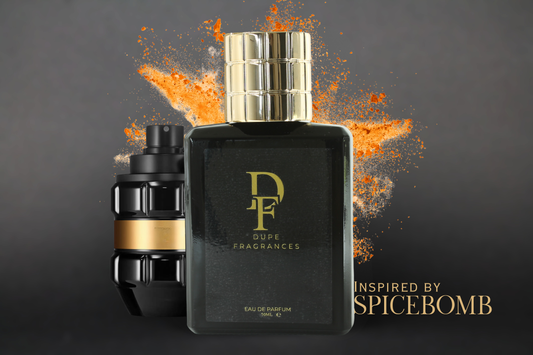Smokebomb (inspired by Spicebomb by Viktor & Rolf) Perfume bottle with gold cap and black body, labeled 'dupe Fragrances', on a dark background with orange accents.