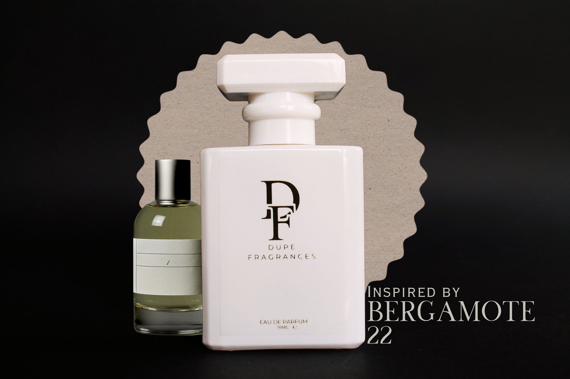Studio Air (inspired by Bergamote 22 by Le Labo) Two perfume bottles, one white and one green, with 'Dupe Fragrances' branding on a dark background.