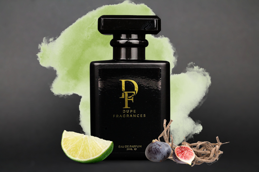 50ml dupe fragrances perfume Green Muse inspired by The Matcha 26 by Le Labo. Black bottle gold label on green smoke background with citrus, fig 