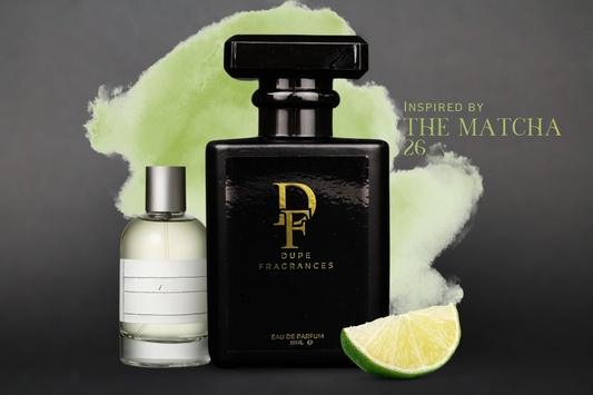 50ml dupe fragrances perfume Green Muse inspired by The Matcha 26 by Le Labo. Black bottle gold label on green smoke background with citrus.