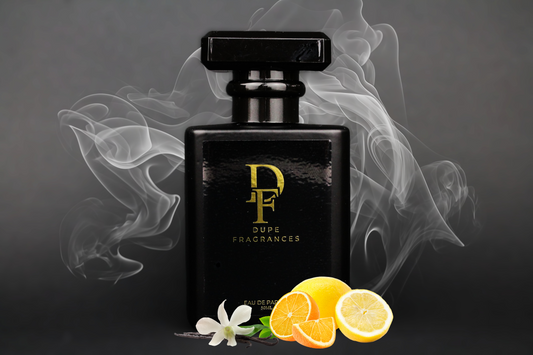 Untamed Wild (inspired by Sauvage by Dior) by Dupe Fragrances  A bottle of perfume with a black label and a gold design, the cap is black and there is smoke in the background,