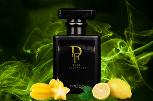 50ml dupe fragrances perfume Azure Heat inspired by Versace Man by Versace. Black bottle with gold label on smoky green background.