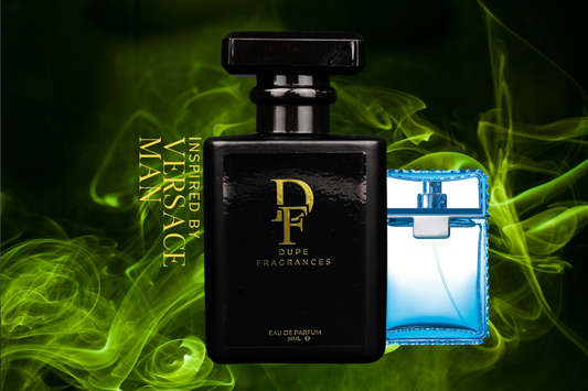 50ml dupe fragrances perfume Azure Heat inspired by Versace Man by Versace. Black bottle with gold label on smoky green background.