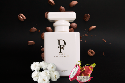 50ml dupe fragrances perfume Afterglow Rush inspired by Black Opium Neon by YSL. White bottle on dark background with coffee beans