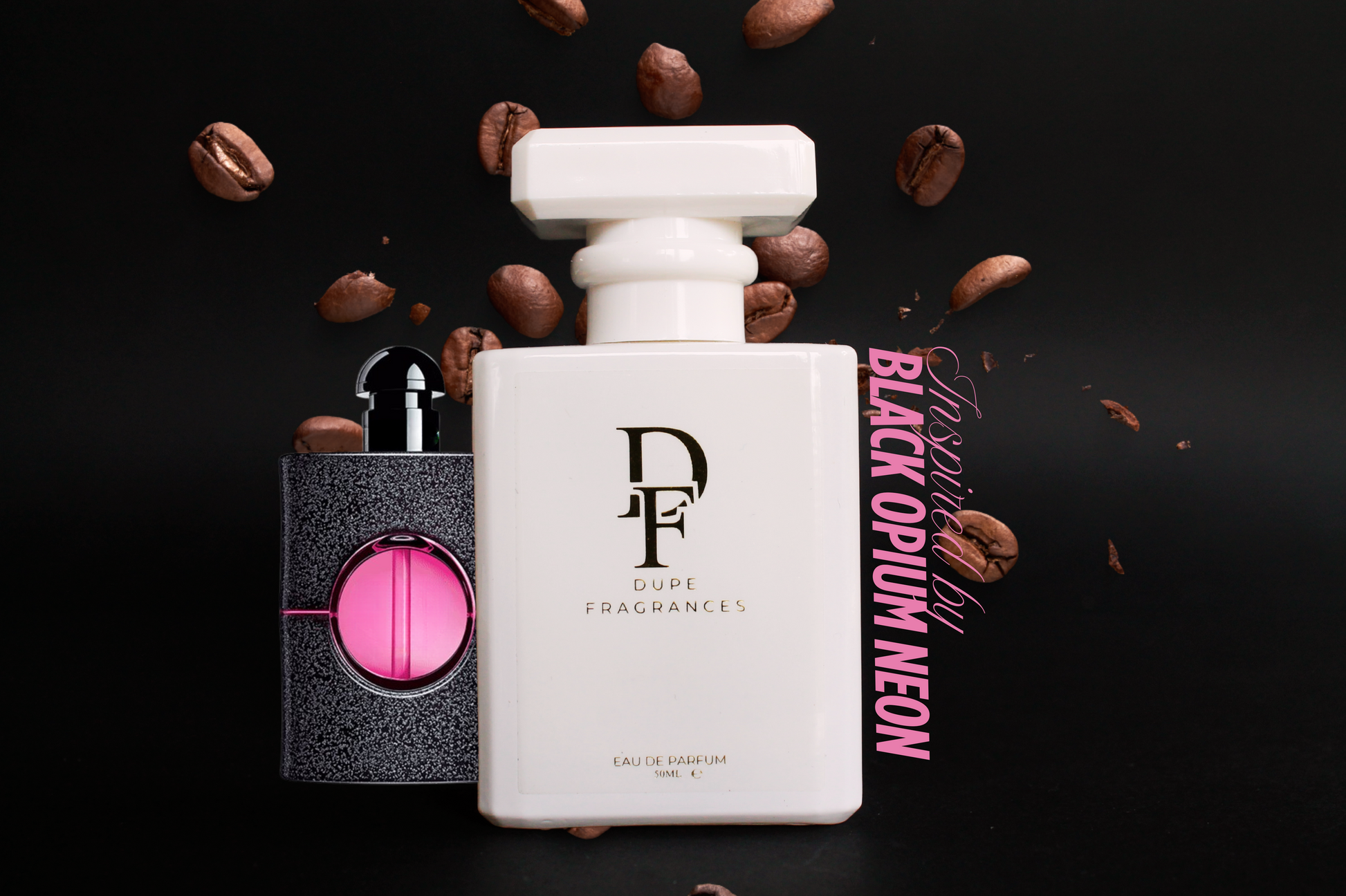 50ml dupe fragrances perfume Afterglow Rush inspired by Black Opium Neon by YSL. White bottle on dark background with coffee beans