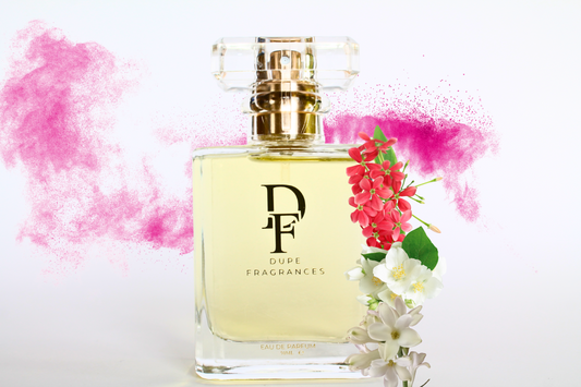50ml dupe fragrances perfume Floral Reverie inspired by Gucci Bloom.  Clear bottle with gold label on background of pink mist
