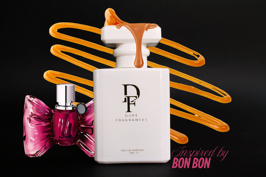 50ml dupe fragrances perfume Sugar Stiletto inspired by Bon Bon by Viktor & Rolf. white bottle with gold label on background with caramel drizzle
