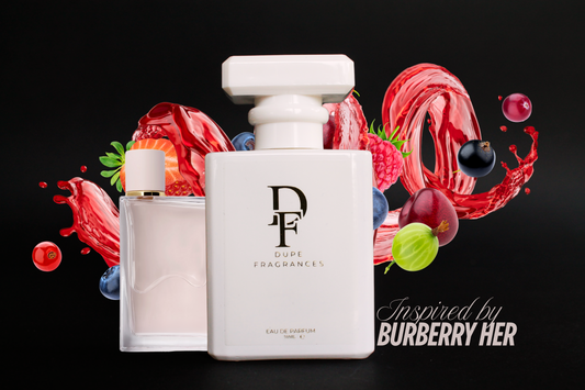 50ml Dupe Fragrances perfume London Bloom inspired by Burberry her by Burberry. White bottle with gold label on background of fruits
