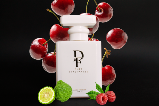 50ml Dupe Fragrances perfume Cherry Blaze inspired by Burning Cherry by Kayali.  White bottle with gold label on background with cherries.