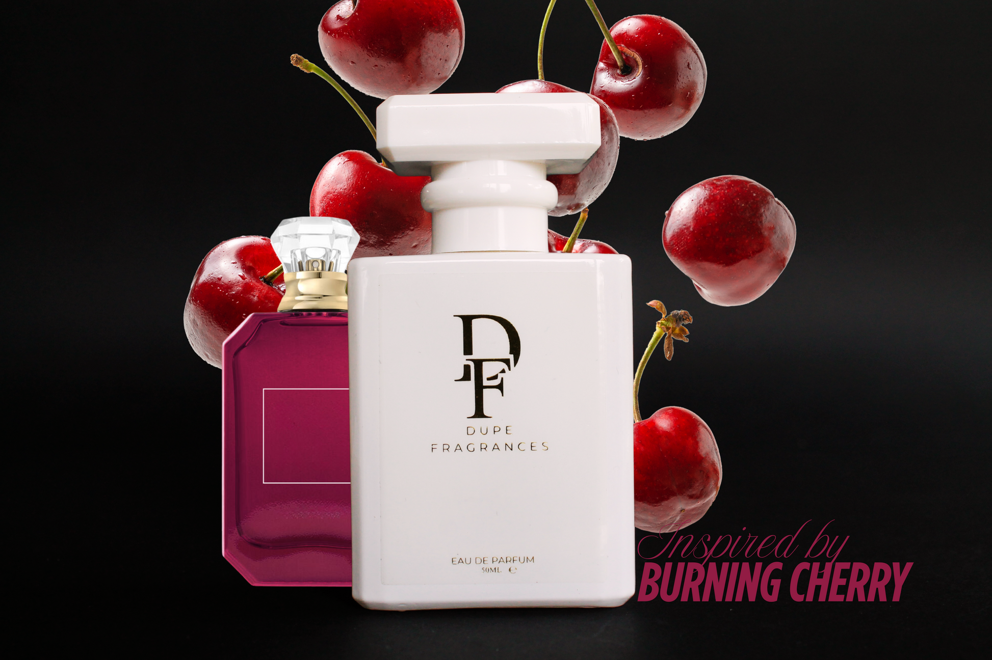 50ml Dupe Fragrances perfume Cherry Blaze inspired by Burning Cherry by Kayali.  White bottle with gold label on background with cherries.