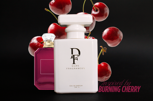 50ml Dupe Fragrances perfume Cherry Blaze inspired by Burning Cherry by Kayali.  White bottle with gold label on background with cherries.