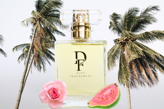 50ml dupe fragrances perfume Rio Bloom inspired by Cheirosa 48 by Sol de Janeiro. Clear bottle on a background of palms