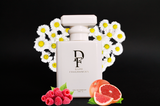 50ml Dupe Fragrance perfume Meadow Whisper inspired by Daisy Eau So Fresh by Marc Jacobs.  While bottle with gold label on background of daisies.