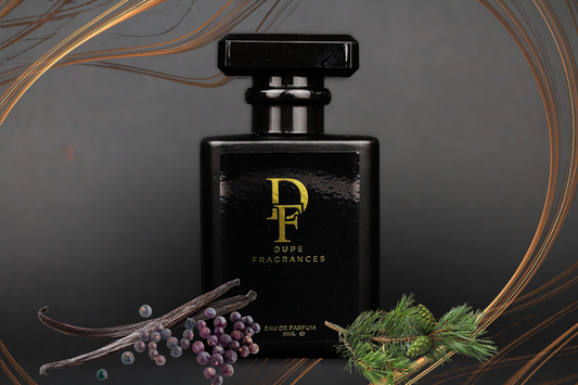 50ml Dupe fragrances perfume Nomad Air inspired by Gypsy Water by Byredo.  Black bottle gold label on gold swirl background with pine, pepper and vanilla