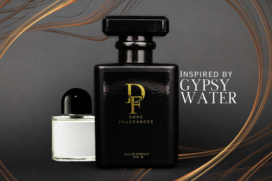 50ml Dupe fragrances perfume Nomad Air inspired by Gypsy Water by Byredo.  Black bottle gold label on gold swirl background
