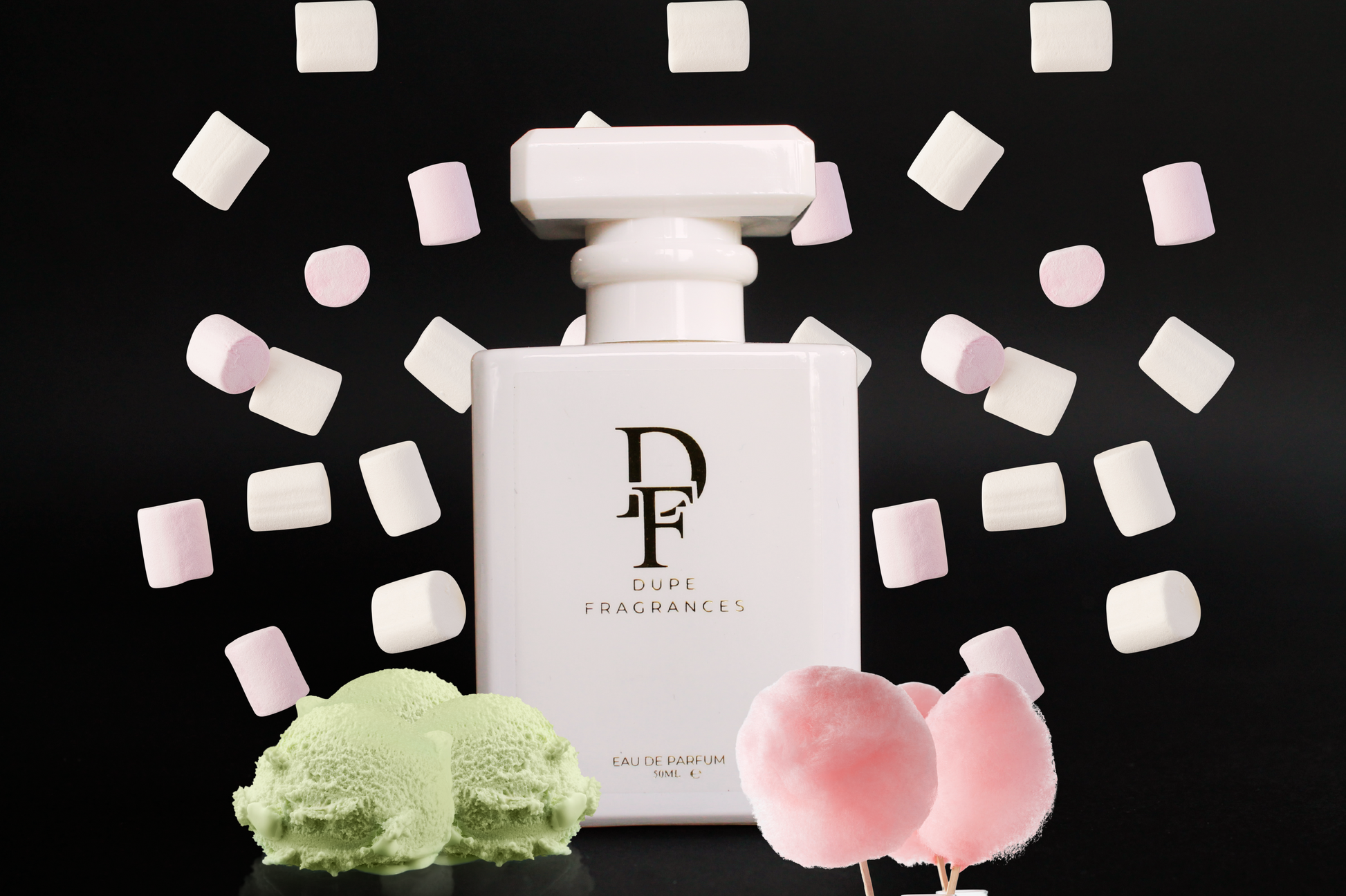 50ml dupe fragrances perfume Pistachio Dream inspired by Pistachio Gelato by Kayali. White bottle with gold label on background of white marshmallows and pistachio icecream