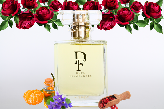 50ml dupe fragrances perfume Twilight Rose inspired by Midnight Romance by Ralph Lauren.  Clear bottle with gold label on white background and red roses