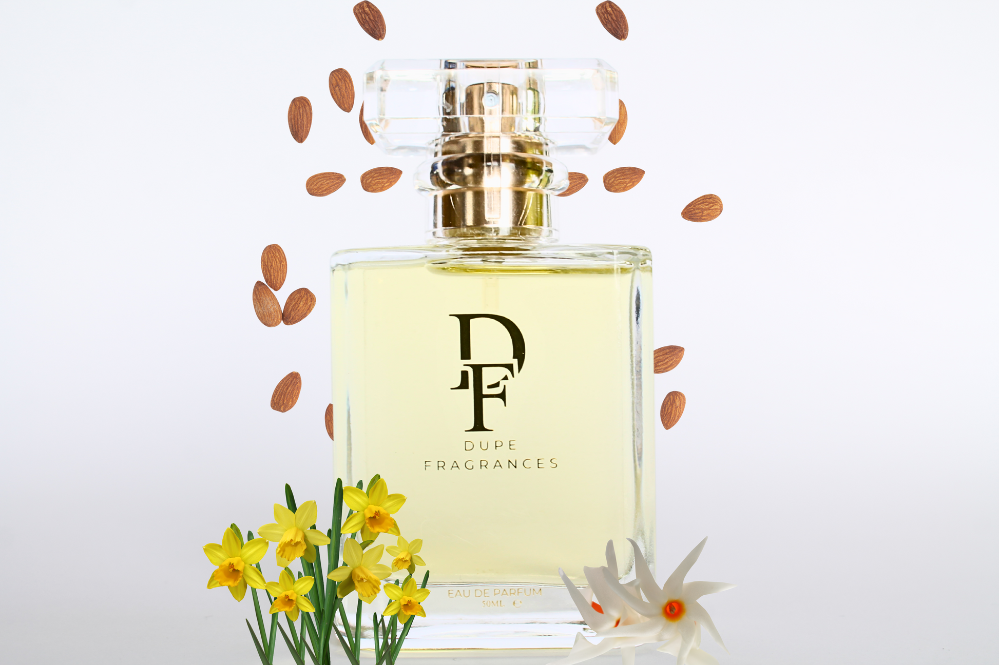 50ml dupe fragrances perfume golden bloom inspired by perfect intense by marc jacobs.  Clear bottle with gold label on background of roasted almonds
