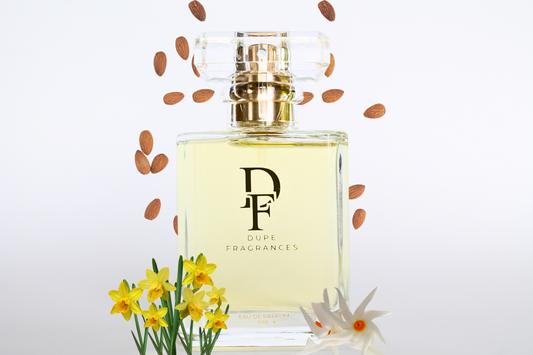 50ml dupe fragrances perfume golden bloom inspired by perfect intense by marc jacobs.  Clear bottle with gold label on background of roasted almonds