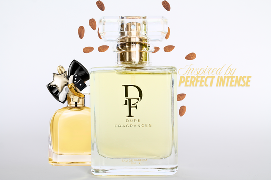 50ml dupe fragrances perfume golden bloom inspired by perfect intense by marc jacobs.  Clear bottle with gold label on background of roasted almonds