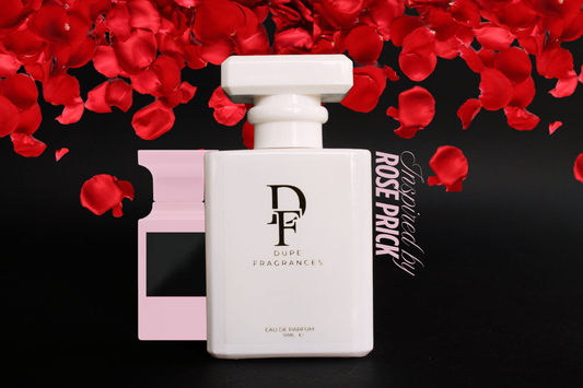 50ml Dupe Fragrances perfume Velvet Thorn inspired by Rose prick by Tom Ford.  White bottle with gold label on dark background with red rose petals