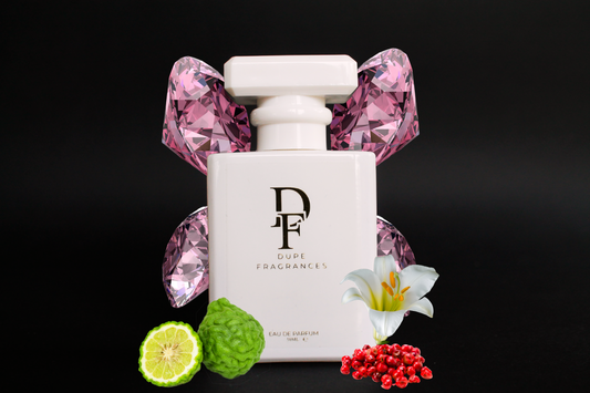 50ml dupe fragrances perfume blush ember inspired by sweet diamond pink pepper. white bottle with gold label with pink diamonds 