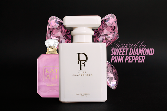 50ml dupe fragrances perfume blush ember inspired by sweet diamond pink pepper. white bottle with gold label with pink diamonds 