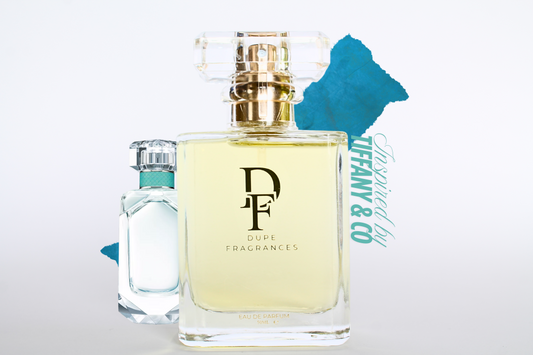 Dupe fragrances  Silver Ribbon perfume inspired by Tiffany & Co by Tiffany. 50mls . Clear bottle with gold label on blue background