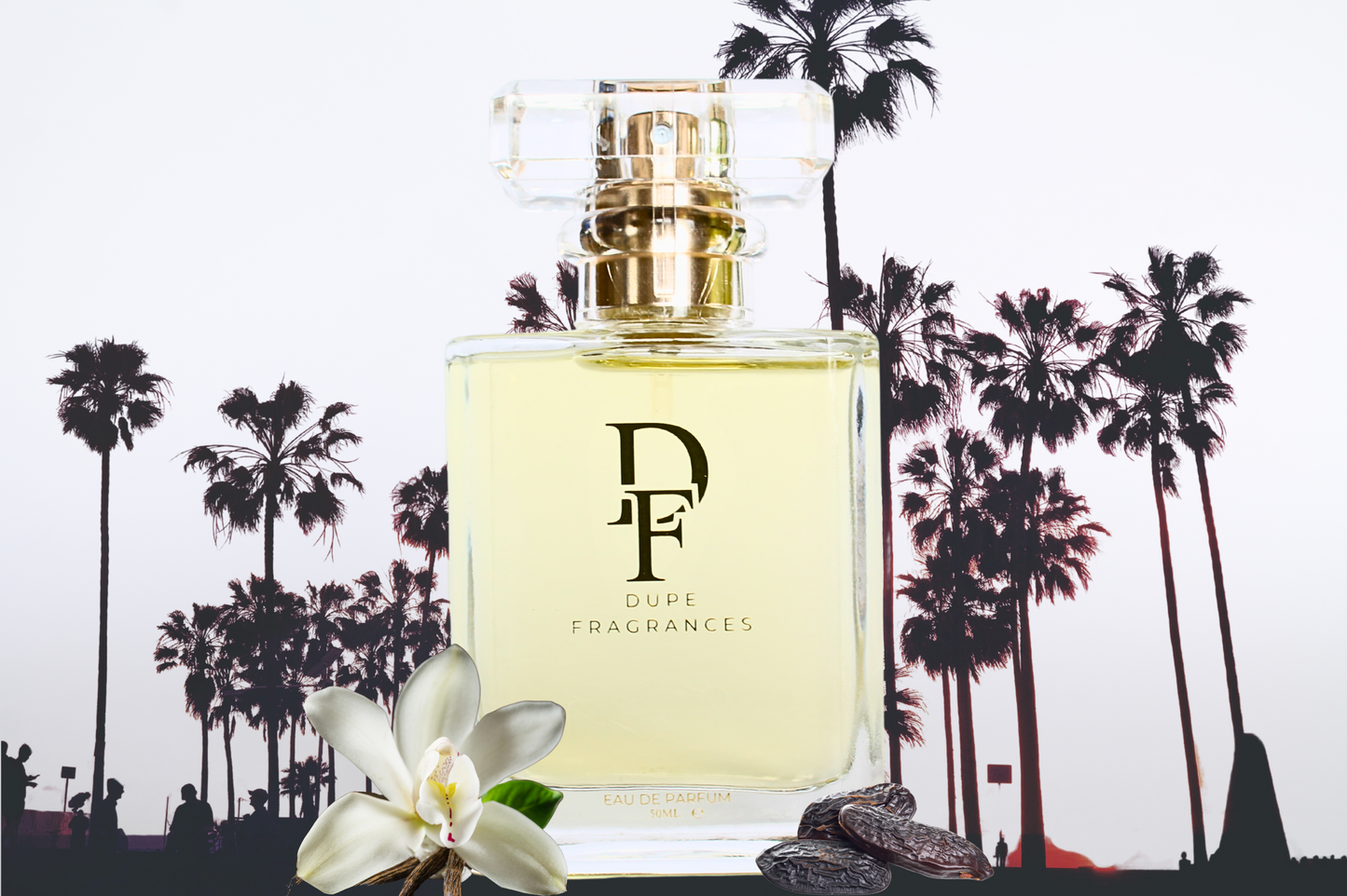 50ml Dupe Fragrances perfume inspired by Tropical nights by sol de janeiro, shown in a clear bottle on a background with palms