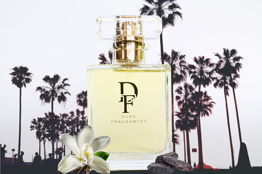 50ml Dupe Fragrances perfume inspired by Tropical nights by sol de janeiro, shown in a clear bottle on a background with palms