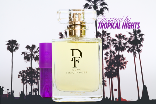 50ml Dupe Fragrances perfume inspired by Tropical nights by sol de janeiro, shown in a clear bottle on a background with palms