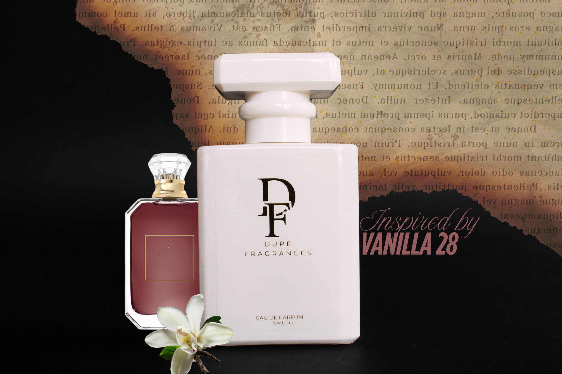 50ml dupe fragrances perfume Velvet Sugar inspired by Vanilla 28 by Kayali. White bottle with gold label on background of burnt paper