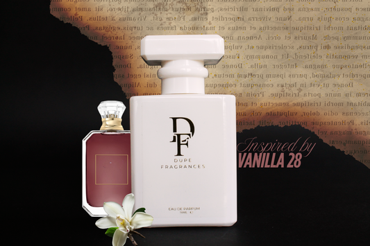 50ml dupe fragrances perfume Velvet Sugar inspired by Vanilla 28 by Kayali. White bottle with gold label on background of burnt paper