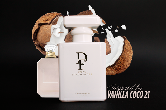 50ml dupe fragrances perfume Island Muse inspired by vanilla coco 21 by Kayali. white bottle, gold label on background of coconuts.