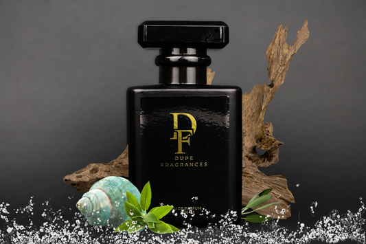50ml dupe fragrances perfume Salt Drift inspired by Wood Sage &amp; Sea Salt by Jo Malone. Black bottle with gold label on background of driftwood and sea salt