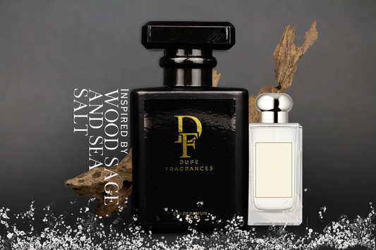 50ml dupe fragrances perfume Salt Drift inspired by Wood Sage &amp; Sea Salt by Jo Malone. Black bottle with gold label on background of driftwood and sea salt